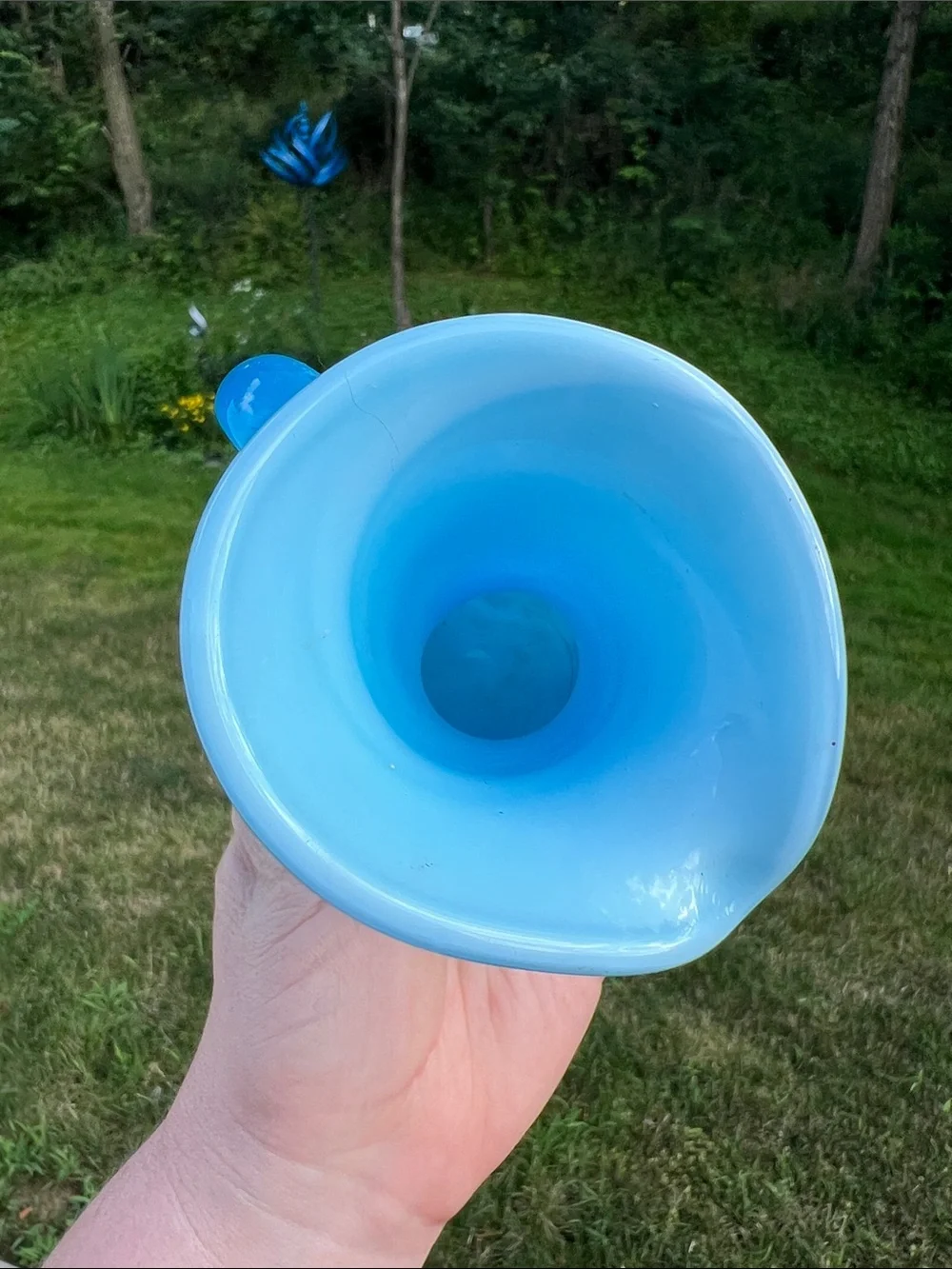 Vintage Rainbow Glass Blue Slag Glass Milk Pitcher Brush Cup Hand Blown in USA